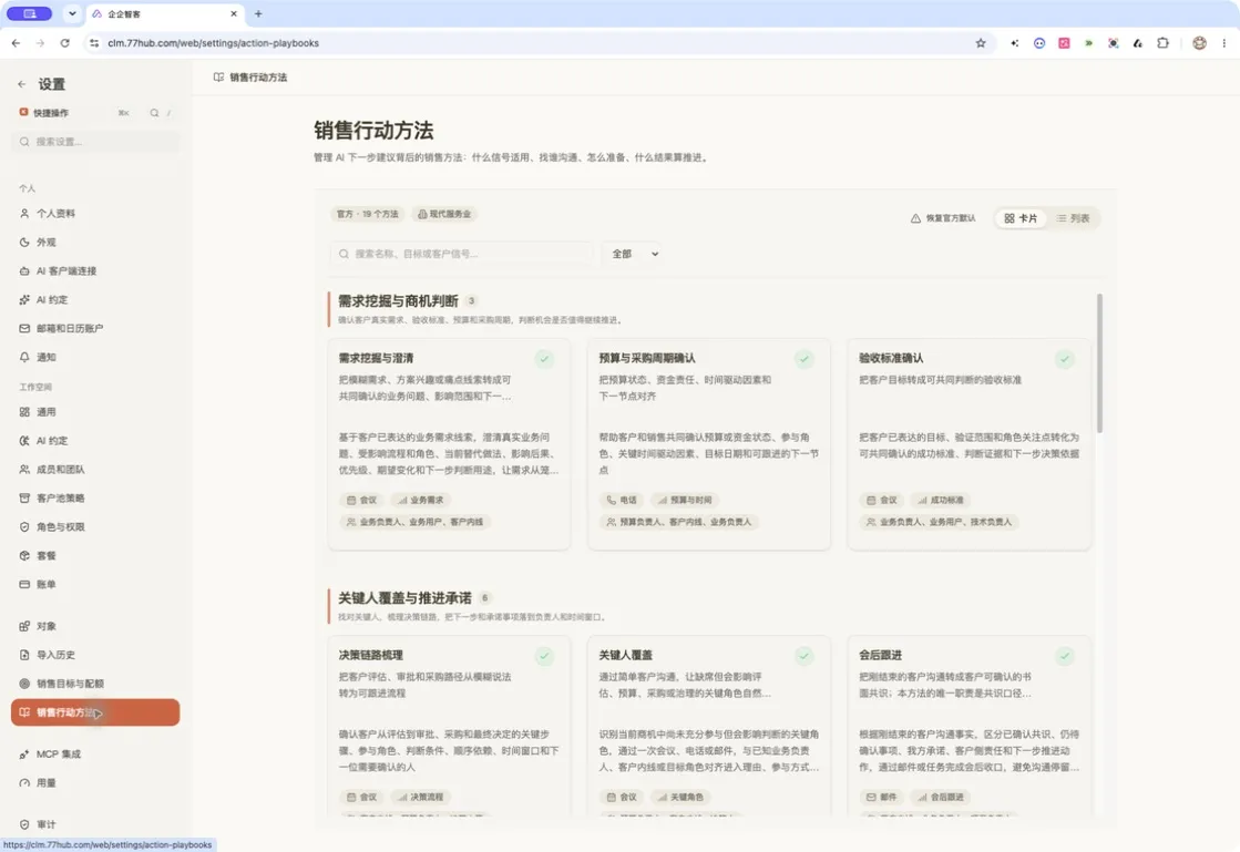 销售行动方法按业务问题分组，展示适用信号、沟通方式和目标角色