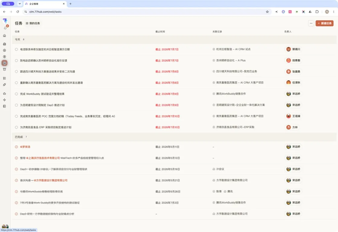 任务视图集中展示截止时间、关联记录、负责人和完成状态
